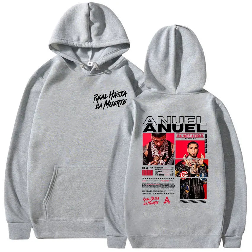 Rapero Anuel AA Real Hasta La Muerte Tour Album 2025 Sudadera con capucha para hombre Hip Hop gótico Sudadera de manga larga Y2K Sudadera con capucha holgada de gran tamaño