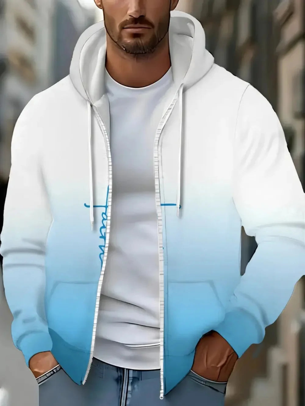 Moda gradiente gráfico con capucha con cremallera Casual deportes diseño de bolsillo ropa de calle de manga larga al aire libre viaje calle Sudadera con capucha de gran tamaño