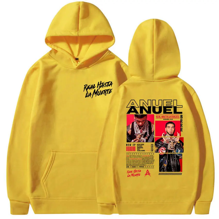 Rapero Anuel AA Real Hasta La Muerte Tour Album 2025 Sudadera con capucha para hombre Hip Hop gótico Sudadera de manga larga Y2K Sudadera con capucha holgada de gran tamaño