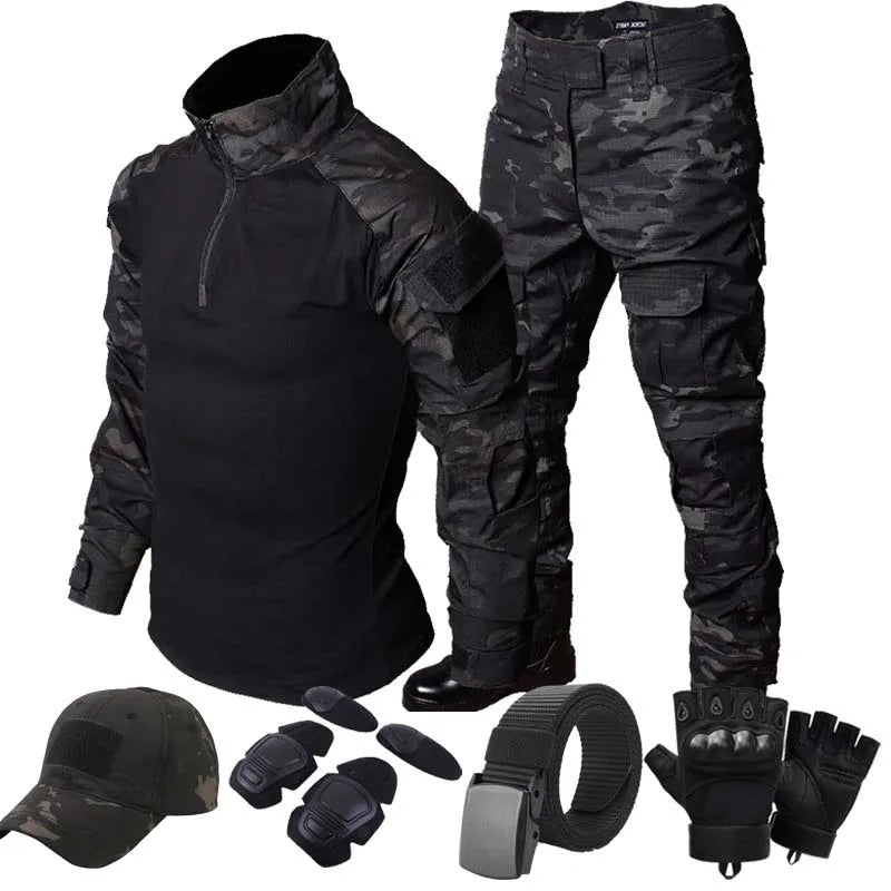 Conjunto de Uniforme de Combate Táctico Negro CP para Hombre, Camisa de Manga Larga, Pantalones Cargo, Ropa para Paintball, Caza y Entrenamiento al Aire Libre