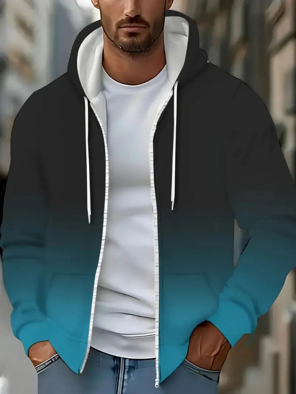 Moda gradiente gráfico con capucha con cremallera Casual deportes diseño de bolsillo ropa de calle de manga larga al aire libre viaje calle Sudadera con capucha de gran tamaño