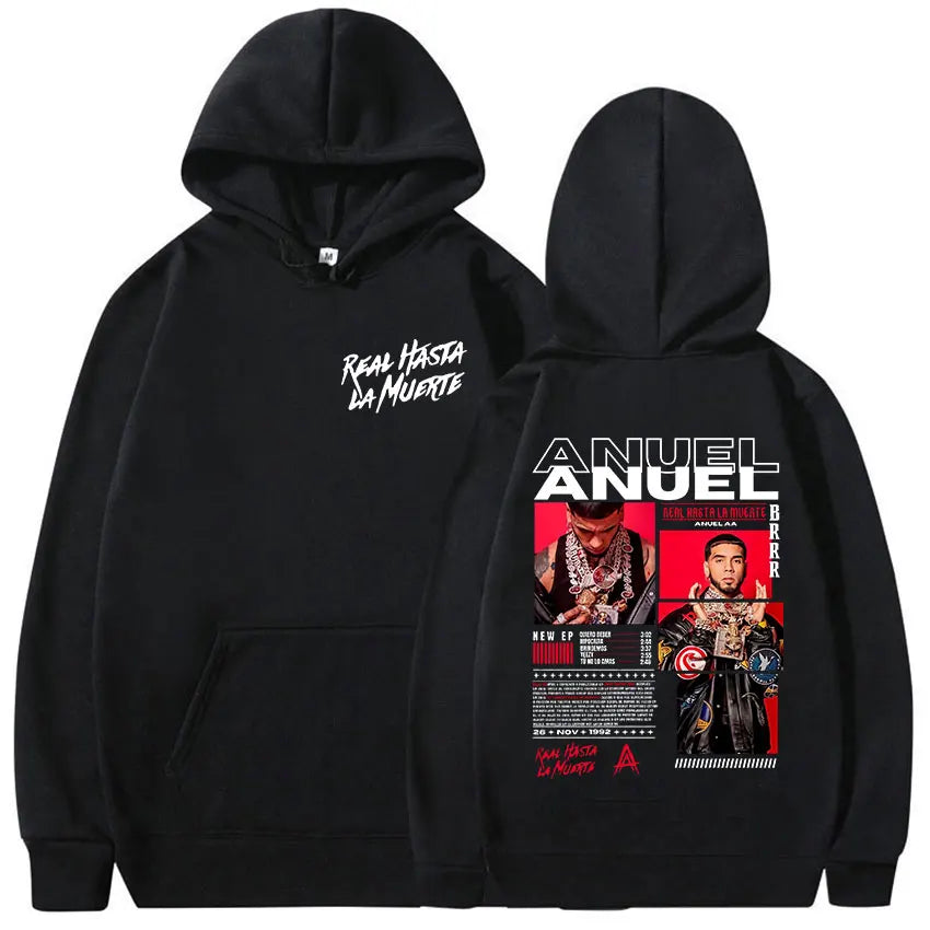 Rapero Anuel AA Real Hasta La Muerte Tour Album 2025 Sudadera con capucha para hombre Hip Hop gótico Sudadera de manga larga Y2K Sudadera con capucha holgada de gran tamaño
