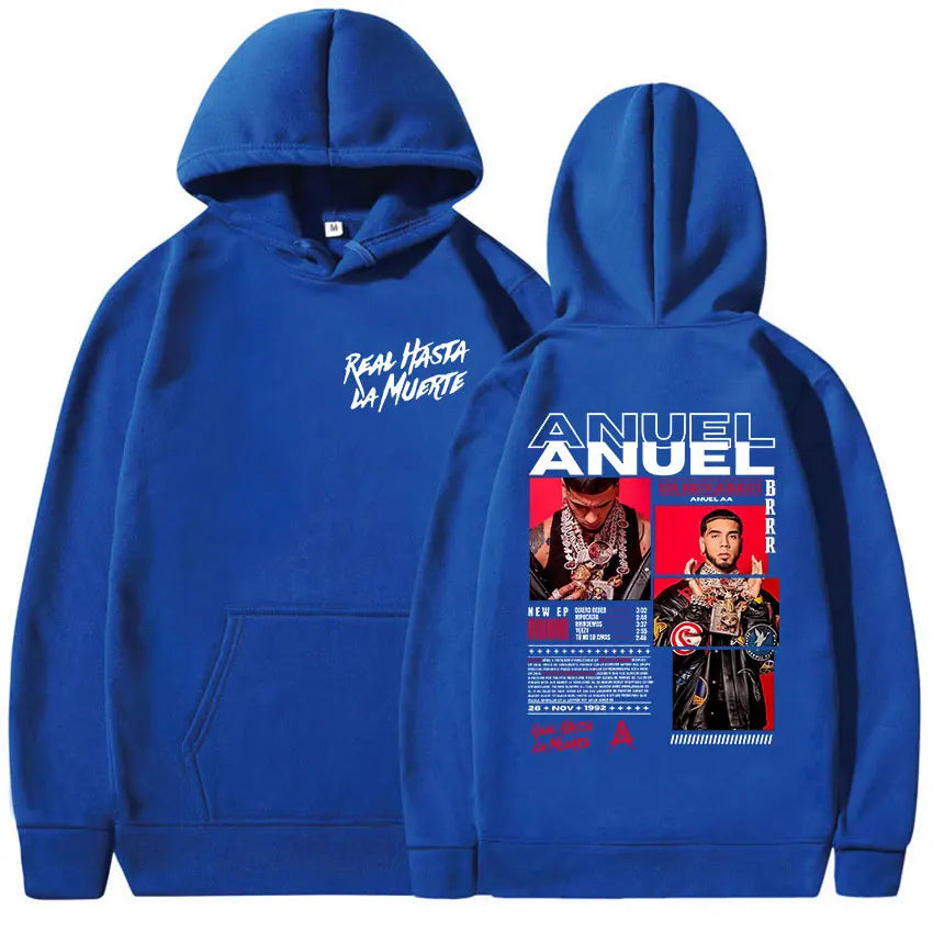 Rapero Anuel AA Real Hasta La Muerte Tour Album 2025 Sudadera con capucha para hombre Hip Hop gótico Sudadera de manga larga Y2K Sudadera con capucha holgada de gran tamaño