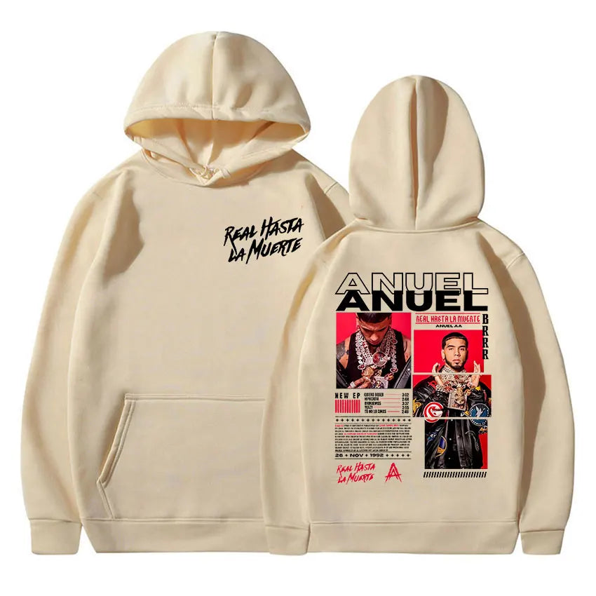Rapero Anuel AA Real Hasta La Muerte Tour Album 2025 Sudadera con capucha para hombre Hip Hop gótico Sudadera de manga larga Y2K Sudadera con capucha holgada de gran tamaño