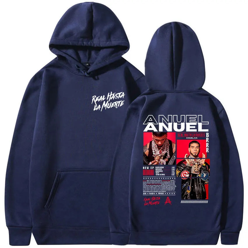 Rapero Anuel AA Real Hasta La Muerte Tour Album 2025 Sudadera con capucha para hombre Hip Hop gótico Sudadera de manga larga Y2K Sudadera con capucha holgada de gran tamaño
