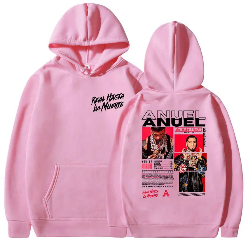 Rapero Anuel AA Real Hasta La Muerte Tour Album 2025 Sudadera con capucha para hombre Hip Hop gótico Sudadera de manga larga Y2K Sudadera con capucha holgada de gran tamaño