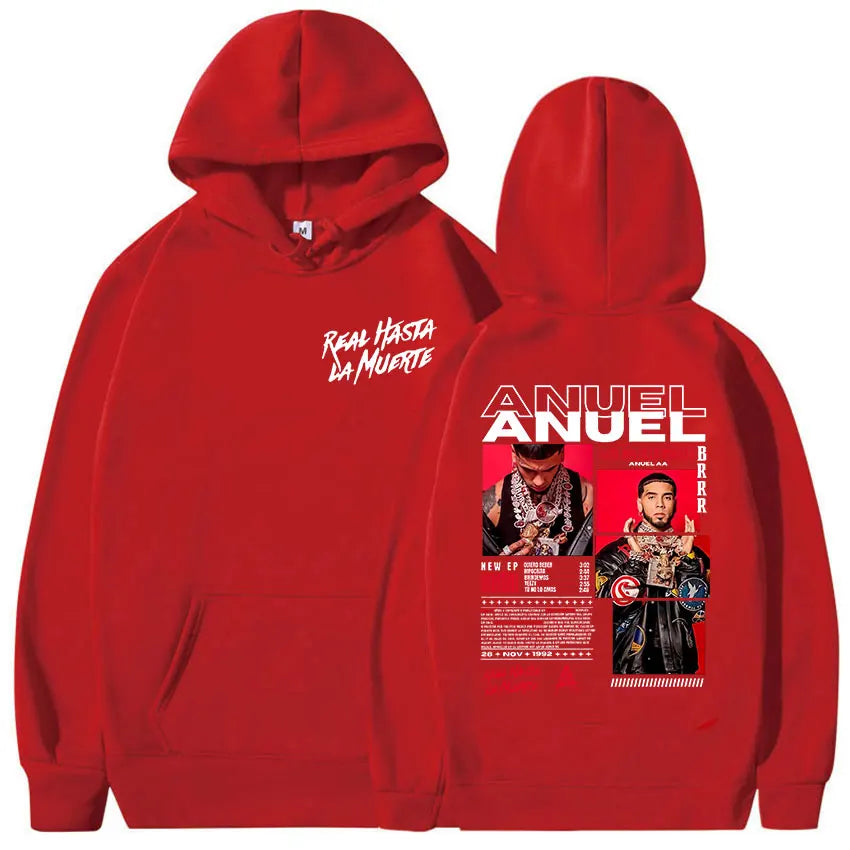 Rapero Anuel AA Real Hasta La Muerte Tour Album 2025 Sudadera con capucha para hombre Hip Hop gótico Sudadera de manga larga Y2K Sudadera con capucha holgada de gran tamaño